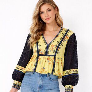 Free People Yellow Blouse with Black Lace Sleeves